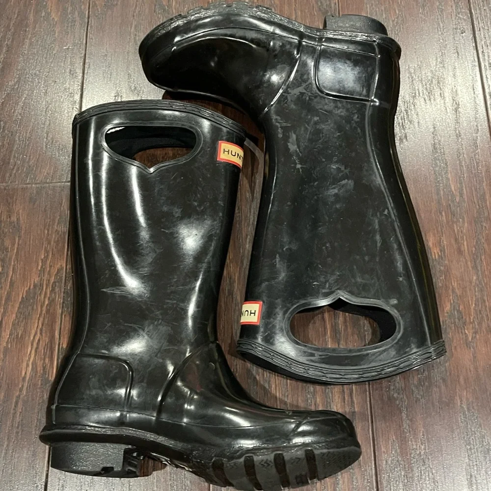 Hunter Kids Pull On Gloss Rain Boots Black UK 2 EU 34 US 3B 4G